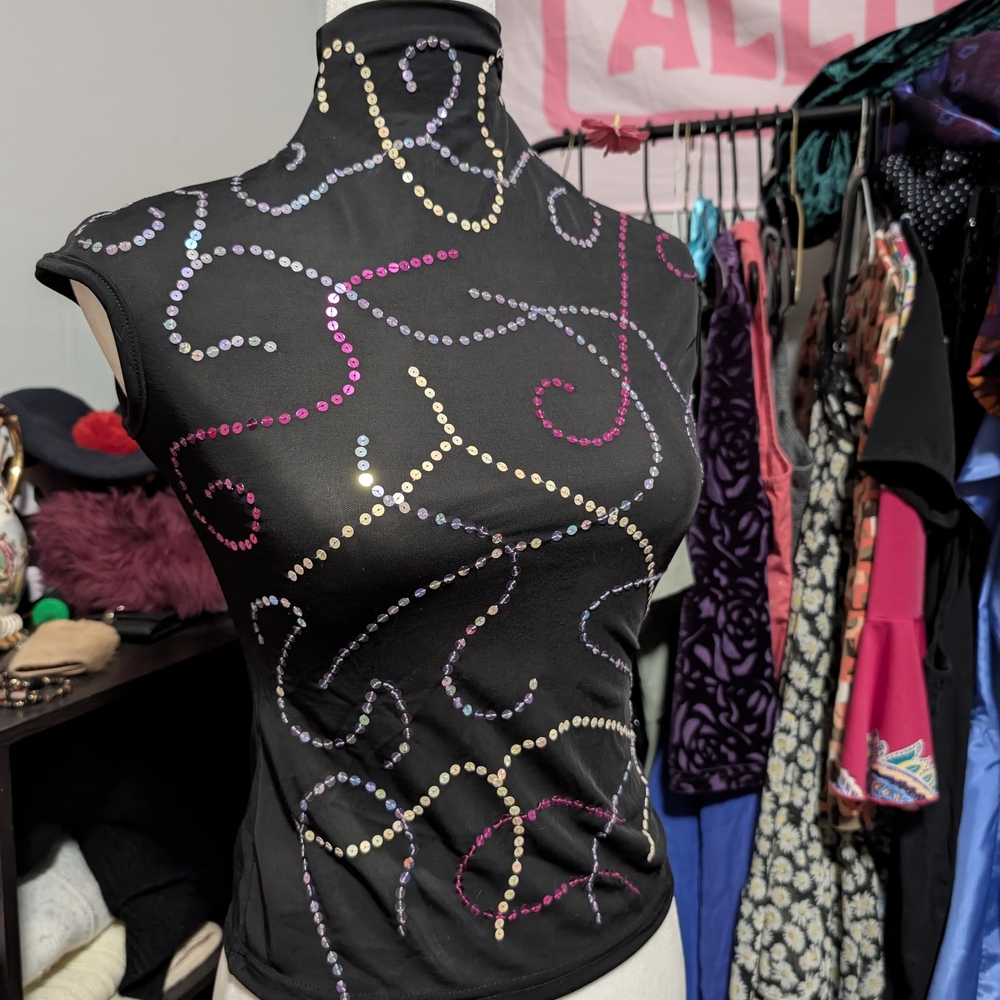 Vintage Mock Neck Sequin Top
